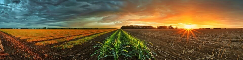 Obraz premium Abstract Agricultural Wallpaper with Light Manipulation in Modern Farming: Capturing the Same Field at Sunrise and Sunset to Showcase the Impact of Light on Crops