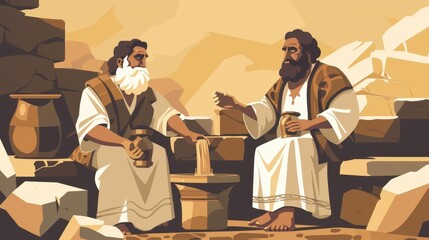 Genesis : Abraham and Abimelech , Biblical Illustration of Abraham and Abimelech Resolving the Well Dispute, Genesis Narrative, Beige Background, Copyspace