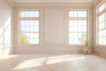 Bright Room With Large Windows and Wooden Floor.