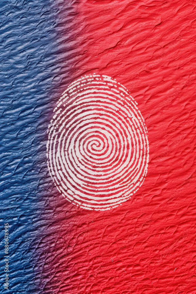 Poster close-up of a white fingerprint on a textured surface with a blue and red gradient background, symbo