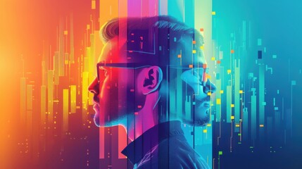 Entrepreneurs celebrating with a digital display of their business achievements in the background. Pop Art, Bright Colors, Digital Painting, High Contrast