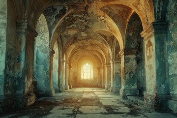 Obraz premium An abandoned, weathered ancient cathedral with peeling paint and sunlight streaming through a stained glass window in the background, creating an ethereal and haunting atmosphere