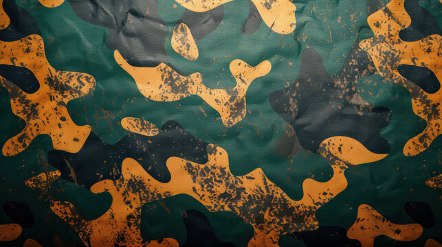 Close-up of a green and orange camo pattern on a rough fabric surface, creating a rugged and textured appearance.