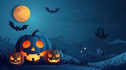 A Halloween scene with bats flying in the background