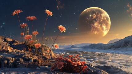 Fototapeta premium Moonlit Alien Landscape with Blooming Flowers