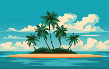 Obraz premium A picturesque tropical island with lush palm trees, surrounded by a tranquil ocean and clear blue skies, perfect for a serene getaway.