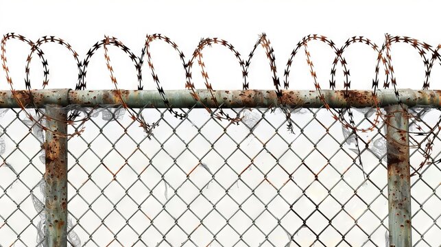 Barbed wire fence with rusted metal mesh