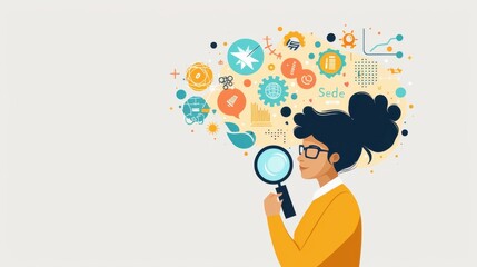 Examination, Rationality, Solutions, person with magnifying glass, balanced ideas, solving a problem, flat design illustration