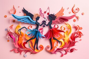 Obraz premium An angel and a demon singing together with paper cut musical notes and flames on a light pink background a harmonious conflict