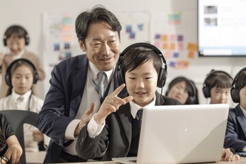 Obraz premium elementary school teacher teaching in computer room