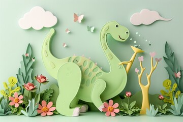 A 3D pop art front view of a happy dinosaur playing with a beach ball with paper cut waves and seashells on a light blue background