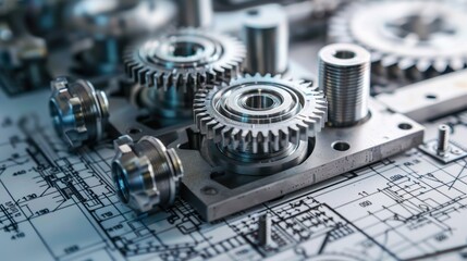 Detailed close-up view of various metal gears, bolts, and mechanical components on an engineering blueprint, representing the intricate design and precision of industrial machinery