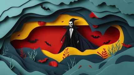A paper cutout of a vampire with a skull on his head and a cape