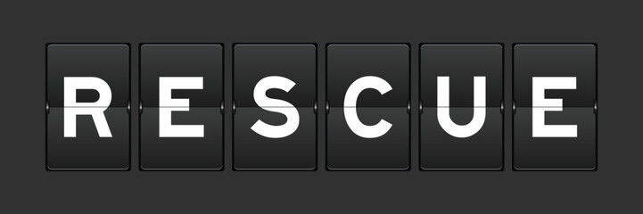 Black color analog flip board with word rescue on gray background