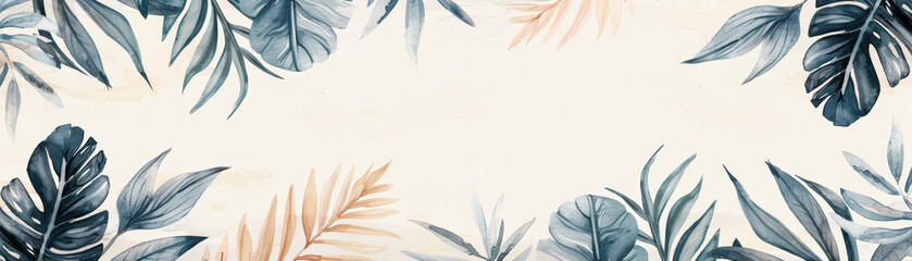 Fototapeta na wymiar Elegant tropical foliage frame with green and beige leaves. Perfect for invitations, prints, or backgrounds. Clean and aesthetic design.
