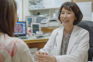 Fototapeta premium young female doctor sitting in ward, attentively listening to patient complaining about her illnesses, concept of caring for patients, promoting healthy lifestyle, providing high-quality medical care