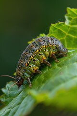 A close-up image of a brightly colored caterpillar vividly adorned with black and orange spots resting on a vibrant green leaf in a natural environment