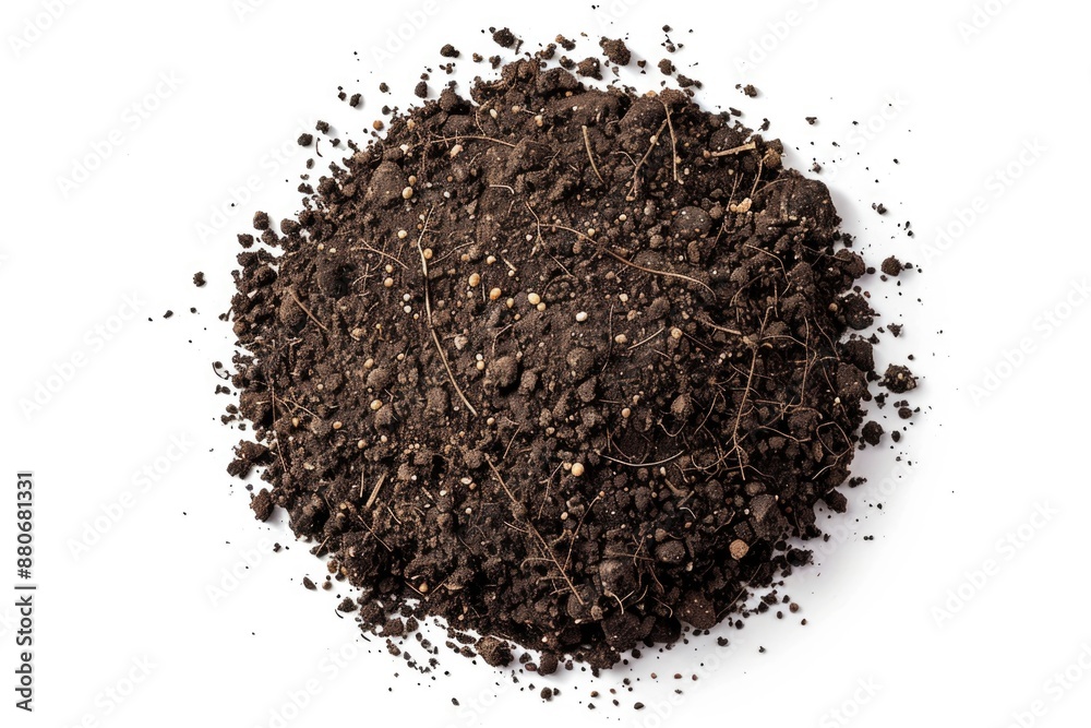 Poster a close-up shot of a small pile of dirt on a white surface, suitable for use in illustrations or des