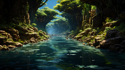 A narrow channel of water flows between steep, moss-covered cliffs, shaded by a dense canopy of lush green trees in a vibrant forest.