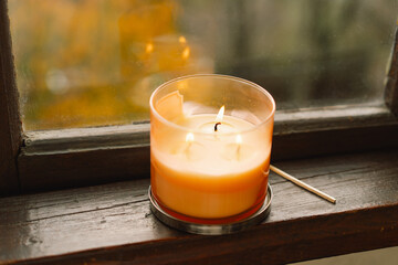 Sweet Home. Still life details in home on a wooden window. Candle and autumn decor. Autumn home...