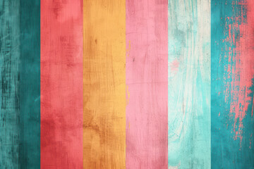 Fototapeta premium Colorful vintage wood panel background. Distressed wooden texture with bright, vibrant vertical stripes in teal, coral, yellow, pink, and turquoise.