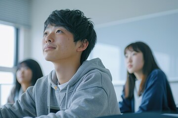A Japanese male university student is sitting at the front of an empty classroom, while his female teacher sits on her desk and looks up with curiosity.