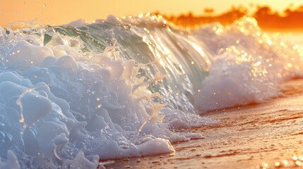 Foamy Ocean Wave Crashing on Beach at Sunset