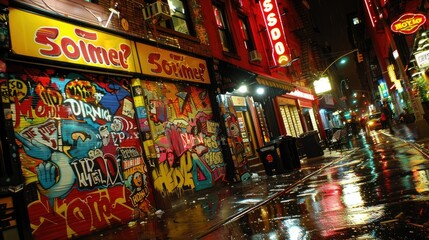 Obraz premium Nighttime Street Scene in New York City with Graffiti and Neon Lights