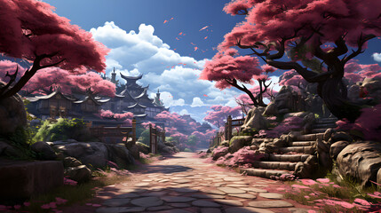 A stony path winds through a tranquil village nestled among hills, bathed in the warm glow of the sun and adorned with blossoming cherry trees.