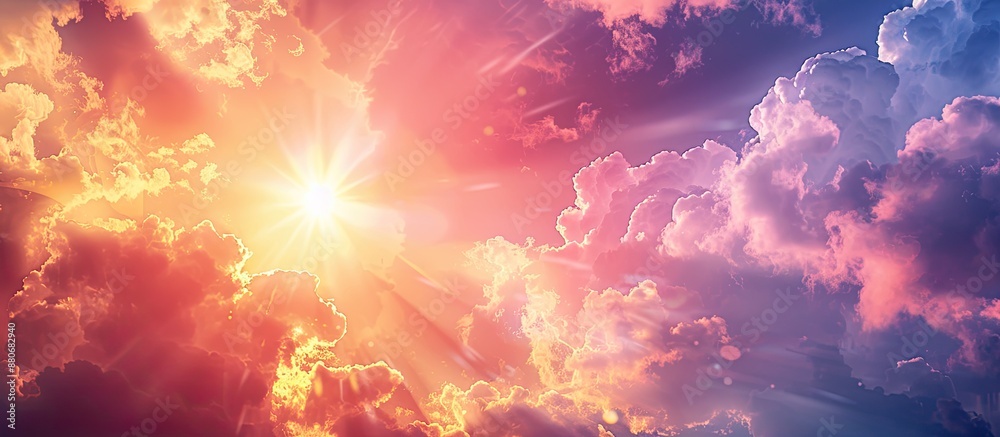 Poster nature background with a dramatic sky featuring clouds and the sun ideal for a copy space image