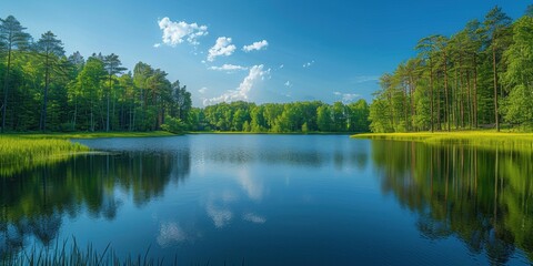 Obraz premium A serene and picturesque view of a calm lake surrounded by lush green forests under a clear blue sky with scattered clouds, reflecting the vibrant beauty of nature