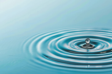A clear, single water droplet creating ripples on a tranquil blue surface, symbolizing serenity and the impact of small actions in nature.