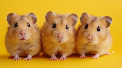 Three hamsters sitting in a row on yellow background