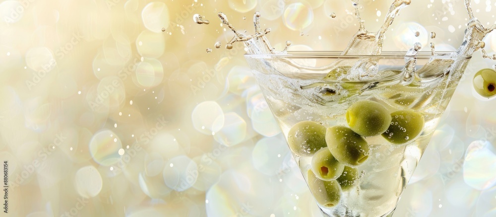 Poster image of a dry martini garnished with green olives in a glass with splashes set against a softly lit