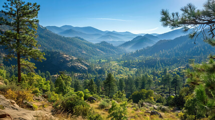Obraz premium a scenic landscape of national forests and parks, with greenery and a clear blue sky.