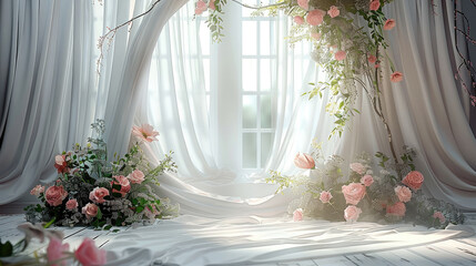 Studio background for a photo shoot. There is a floral round arch and beautiful light fabrics in the background. Generative AI.