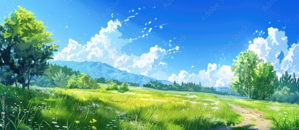 Poster A colorful and picturesque nature scene with a blue sky white clouds and ample space for adding text in the image