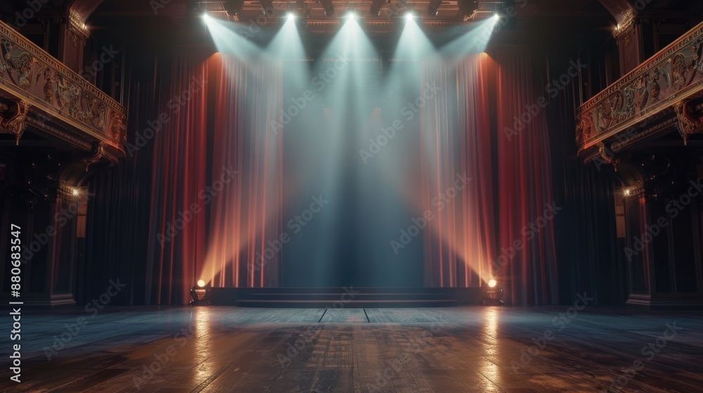 Poster Empty stage with red curtains and spotlights ready for performance or event