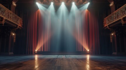 Empty stage with red curtains and spotlights ready for performance or event