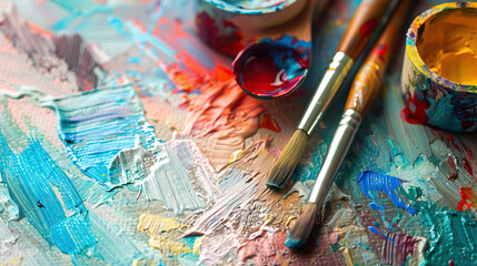 Fototapeta premium artistic painting with brushes with copy space, art therapy sessions for healing and support concept.