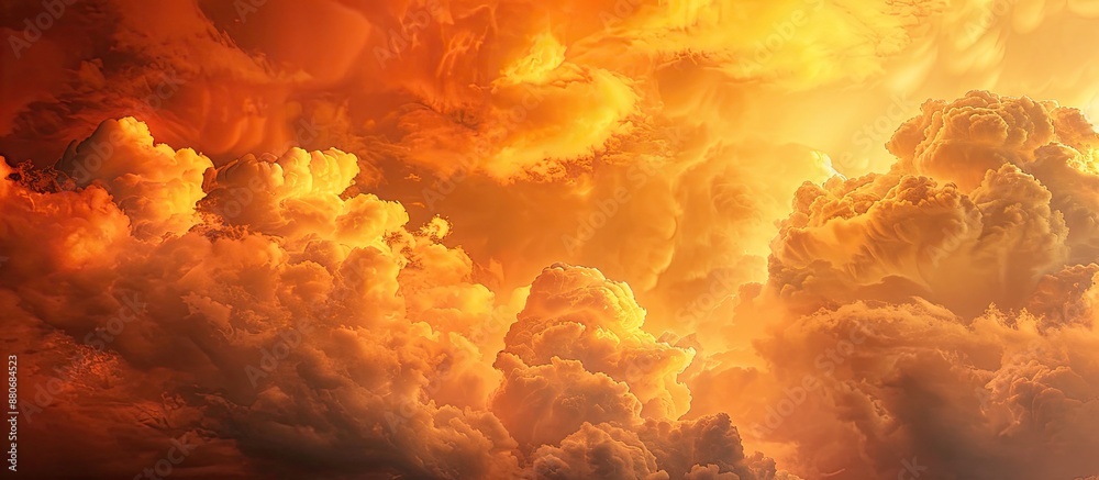 Poster Clouded sky illuminated in sunset after windy weather creates a fiery backdrop for design featuring copy space image