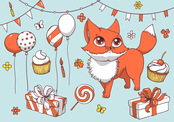 Hand drawn vector birthday assets with a fox, balloons, cupcakes, candles, flowers, gift box, ribbons.
A red fox with white fur chest on a blue background. 