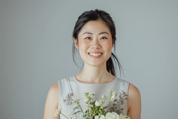 The image depicts a professional gardener or florist wearing an apron and holding flowers in a pot isolated on a white background.