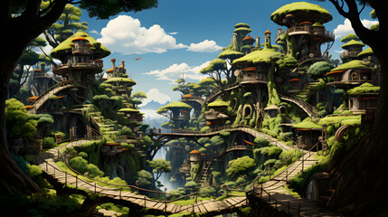 A magical village nestled amongst the treetops, with walkways connecting homes in this magical jungle village.