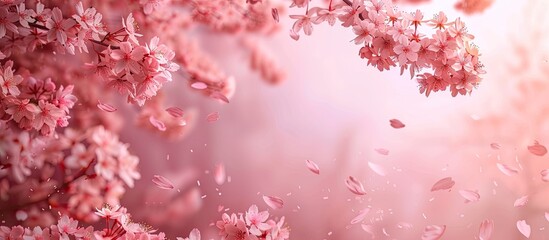 Obraz premium Spring features a blossoming sakura tree adorned with pink flowers creating a serene copy space image