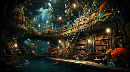 A mystical treehouse library nestled within a hollowed-out, ancient tree, filled with overflowing bookshelves, lush vegetation, and magical glowing orbs.