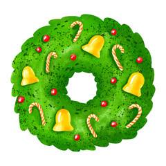 Christmas door wreath with bells and candy sticks. Fir branch circles with Xmas decor, ornaments for winter holiday decoration. Hand drawn illustrations isolated background