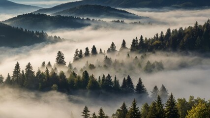 Obraz premium Fog covers the hills of a forest with coniferous trees