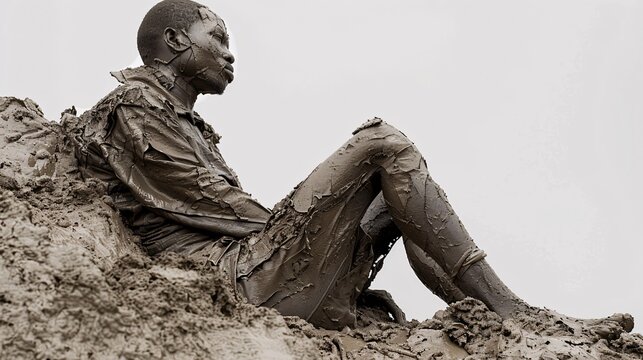 Person at the top of a muddy mountain their clothes and face showing the trials faced Stock Photo with copy space