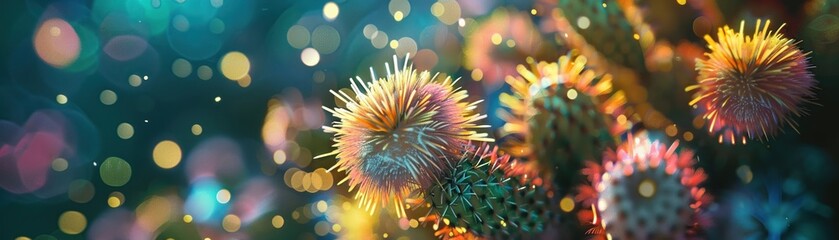 A surreal depiction of cacti transforming into vibrant fireworks to mark Cinco de Mayo festivities.